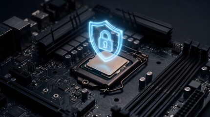 Fototapeta premium A glowing holographic security shield icon hovering over a computer processor on a motherboard.