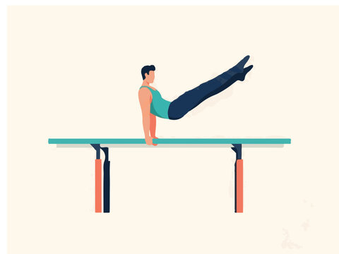 Minimalist Flat Illustration of a Male Gymnast Performing a Powerful Move on Parallel Bars