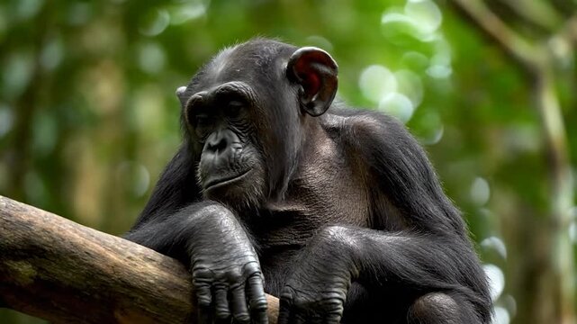 Close-up of a chimpanzee resting on a tree branch in its natural habitat, looking directly at the camera.