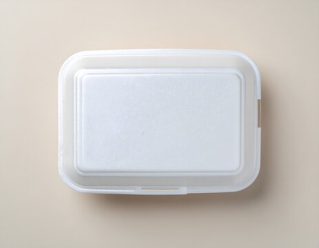 Closed white styrofoam take-out food container top view isolated on light beige background