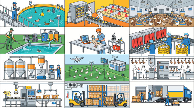 Premium Industrial Duck Farming Vector Collection &ndash; Modern Poultry Agriculture and Food Supply Chain Flat Illustration