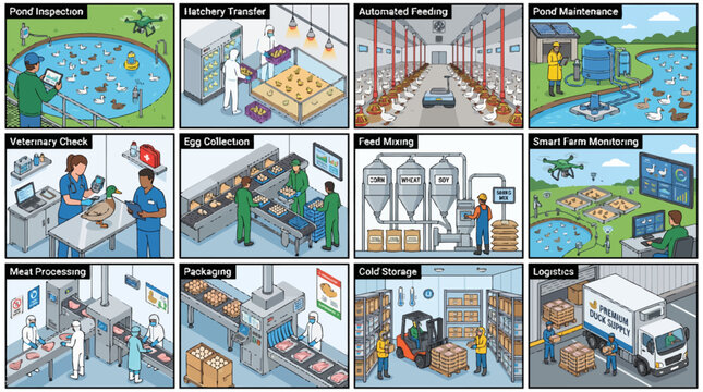 Industrial Poultry and Duck Production Vector Illustration Set &ndash; Commercial Farm Workflow with Thick Outline Icons