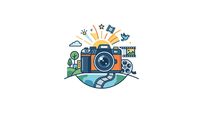 Creative Vintage Camera Illustration with Film and Nature Elements
