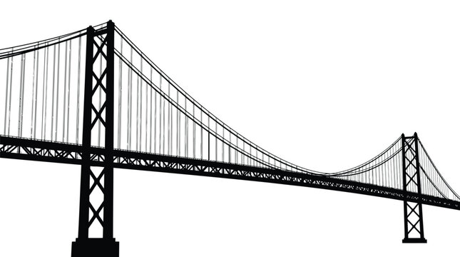 Black silhouette vector illustration of a massive suspension bridge isolated against a clean white background area