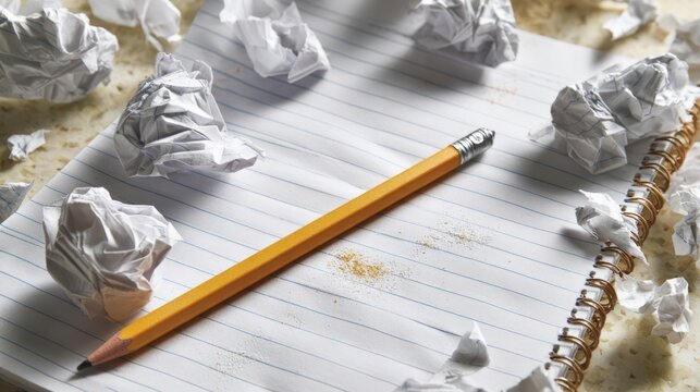 School supplies with blank lined notebook paper showing erased pencil writing and eraser marks, surrounded by crumpled paper and a sharp pencil, representing studying, writing mistakes, revision, lear