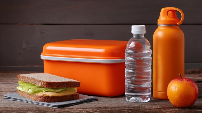 Schoolboy lunch box with thermos, apple, tangerine, sandwich and water bottle on wooden background, healthy school meal and daily nutrition for children, back to school food preparation and student lu