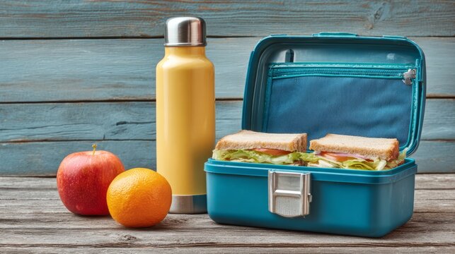Schoolboy lunch box with thermos, apple, tangerine, sandwich and water bottle on wooden background, healthy school meal and daily nutrition for children, back to school food preparation and student lu