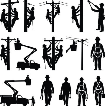 Set of electrical lineman silhouettes working on utility poles, power lines, and operating bucket trucks for maintenance