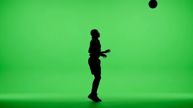 Silhouette Basketball Player Action Green Screen - A black silhouette of a male basketball player in motion against a solid green screen background.