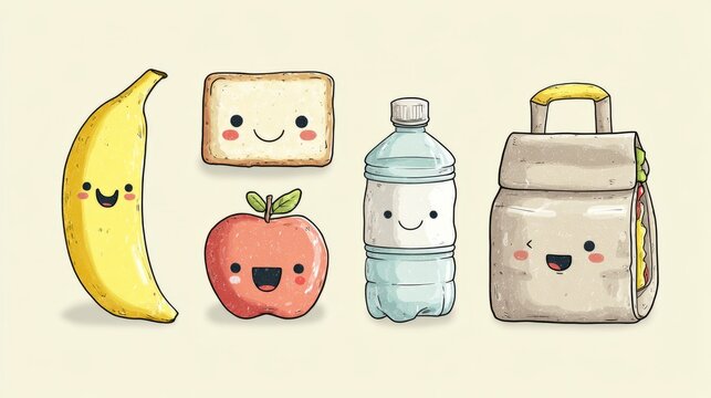 Set of cute kawaii lunch box essentials with smiling banana, apple, reusable water bottle, and sandwich bag, cheerful cartoon school snack collection isolated for kids, healthy lunch, back to school, 