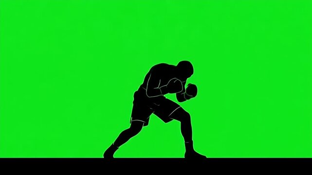 Silhouette Boxer Dodging Punch on Green Screen - A black silhouette of a boxer is shown dodging an incoming punch against a vibrant green screen background.