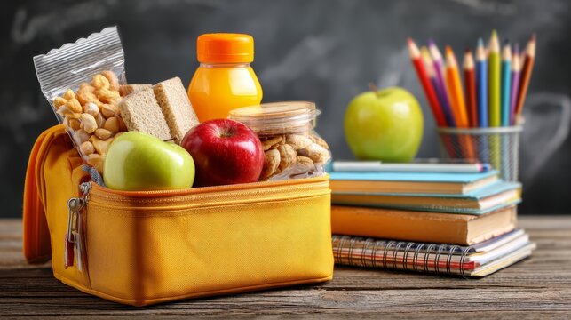 Healthy school lunch box with assorted nutritious snacks and small juice bottle surrounded by school supplies, balanced back to school nutrition concept for students, education, healthy eating and lun