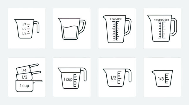 Collection of kitchen measuring cups for culinary preparation and baking