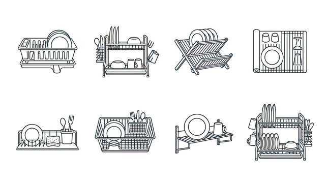 Collection of dish drying racks and kitchen utensil holders line art graphics