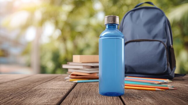 Blue reusable water bottle label mockup with blank branding space on sports bottle, placed on outdoor wooden table beside backpack and school supplies, back to school hydration and product packaging p