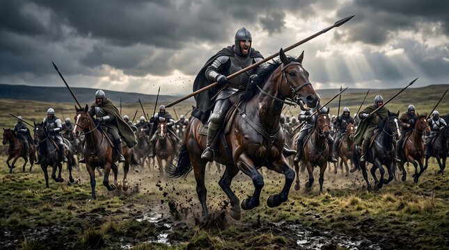 Medieval knights in armor charging on horseback across a muddy battlefield under a dramatic stormy sky with lances raised in battle