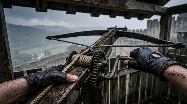 First person perspective of a guard winding a heavy medieval crossbow winch inside a wooden castle watchtower during a rainy day