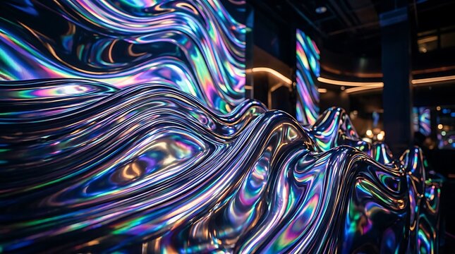 Iridescent holographic wave pattern closeup.
