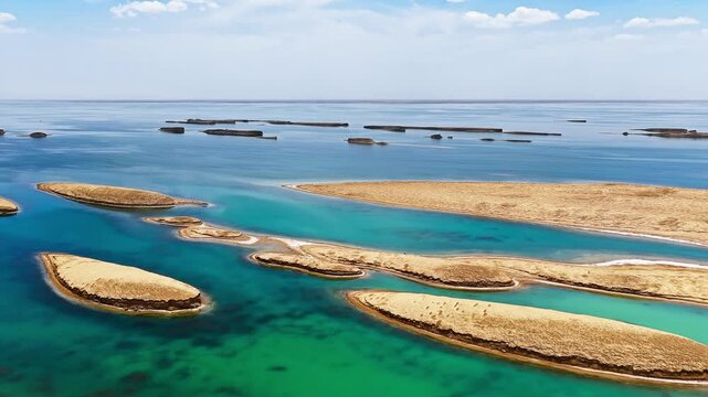 Aerial view of unique water Yadan landform in Qinghai, China, featuring turquoise lake and golden clay formations.