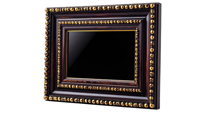 An ornate wooden picture frame with gold bead embellishments rests against a black background.