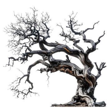 A gnarled and twisted ancient tree with dry branches stands starkly against a black background.