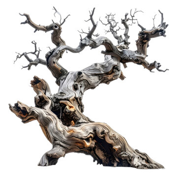 A gnarled and ancient dead tree trunk against a black background.