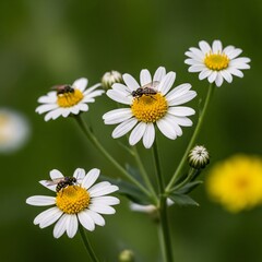 Obraz premium Small insects pollinating white daisy flowers in a garden during a spring day with green bokeh