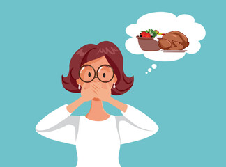 Regretful Girl Covering Mouth Thinking About Large Meal Vector Illustration. Lady feels uncomfortably full while thought bubble shows roasted chicken and salad menu
