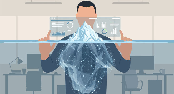 Flat faceless illustration of a businessman analyzing a digital iceberg representing data depth, featuring visible dashboards above water and a complex neural network below.