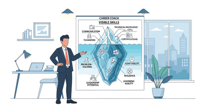 Flat faceless illustration of a career coach in a modern office presenting an iceberg diagram of visible skills and hidden attributes like leadership potential, resilience, and adaptability.