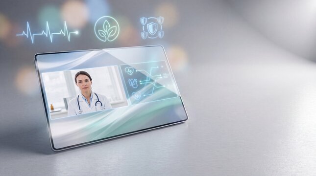 Virtual telemedicine consultation displaying doctor and digital vital signs on tablet.