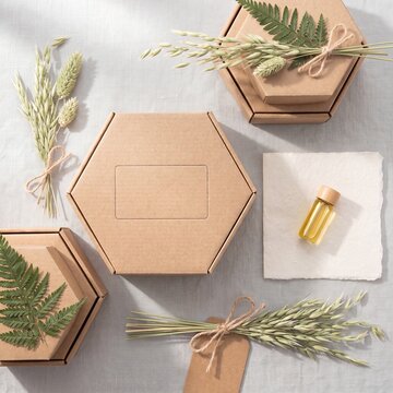 Minimalist flat lay arrangement of biodegradable packaging and natural elements