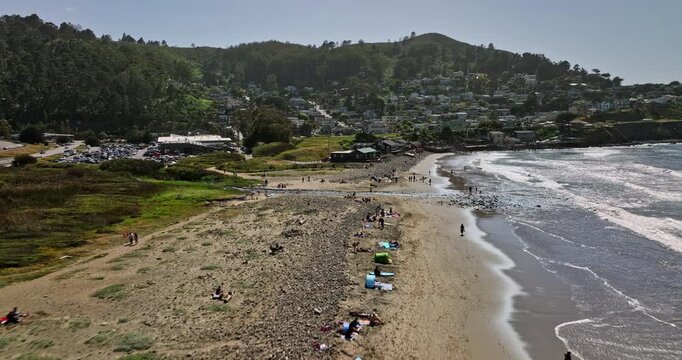 Pacifica California Aerial v4 low level flyover linda mar state beach towards san pedro valley capturing small charming neighborhood on a sunny day - Shot with Mavic 3 Cine - May 2022