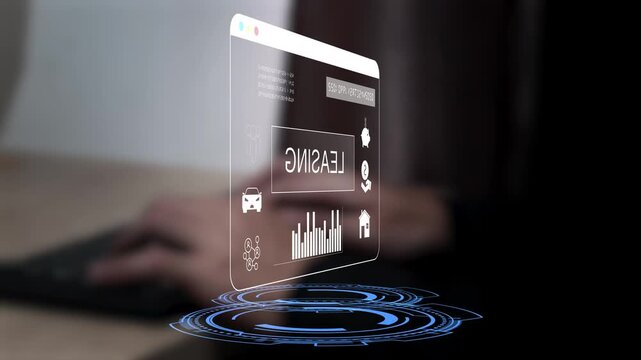 Businessman using digital leasing platform for car and property rental contract, online finance management, financial agreement, asset leasing, and modern investment service concept.