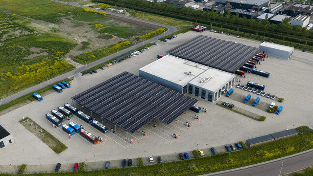 Purmerend, North Holland, Netherlands - 15 June 2026: Aerial view of Electric Bus Charging Hub in Purmerend