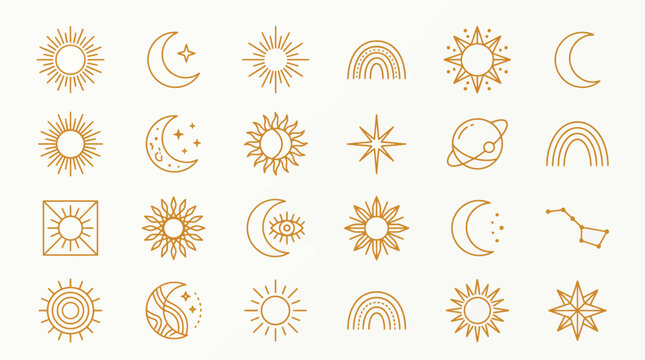 Boho Minimalist Celestial Icon Set Featuring Golden Sun Moon Rainbow and Astral Shapes for Graphic Design Projects