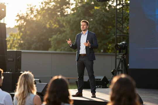 Captures Man Standing On Outdoor Stage To Dawn Dusk Given Warm Golden Hue Of Sunlight Filtering Trees In Background Speaker Dressed