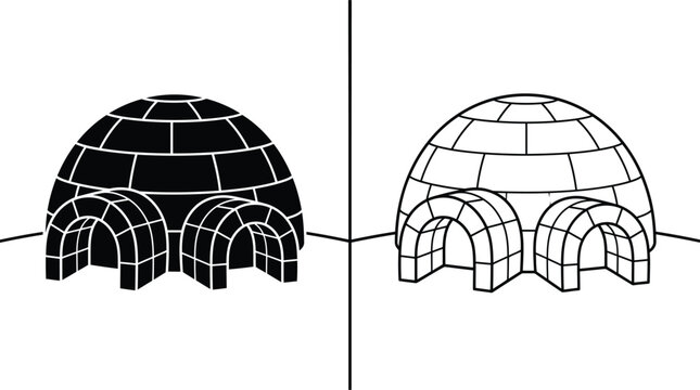 Igloos Silhouette and Outline Set with Simple Black and White Dome Shapes for Winter Design