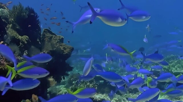 A vibrant school of brilliant blue fish, some accented with luminous yellow tails, gracefully glides through the clear, sunlit ocean water.