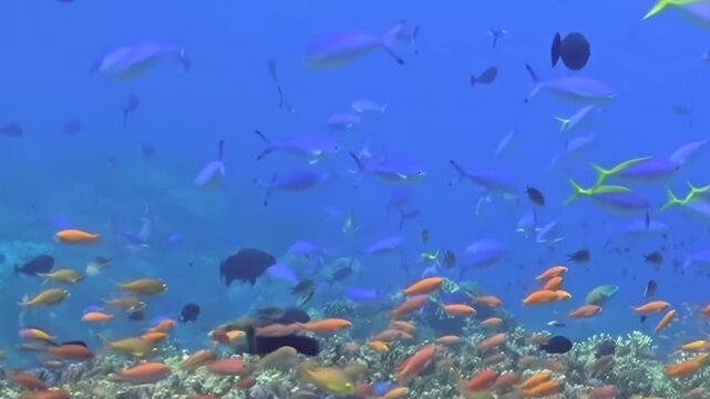 Schools of iridescent fish gracefully navigate the sapphire waters, a vibrant tableau of undersea existence. A majestic coral formation provides shelter and sustenance in this sunlit marine realm.