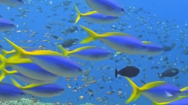Witness a breathtaking marine tapestry as vibrant blue and yellow fusilier fish glide through a sun-drenched coral reef.