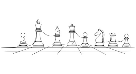 Chess Pieces Line Drawing, Strategy Concept, Minimalist Art, Black and White © Ahmad