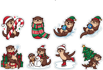 Naklejka premium Cute Christmas Otter Sticker Collection with Candy Cane Gifts Snowman Christmas Tree and Winter Holiday Cartoon Vector Set