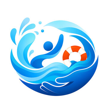 Modern vector illustration of a person rescued by waves and lifebuoy.