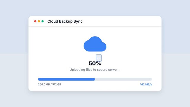 Cloud backup synchronization process, uploading files to secure server with progress bar, seamless loop, symbolizing data security and technology