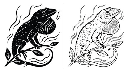 Naklejka premium Lizard Black and White Vector Illustration with a Male Anole Basking on a Branch with Its Dewlap Extended
