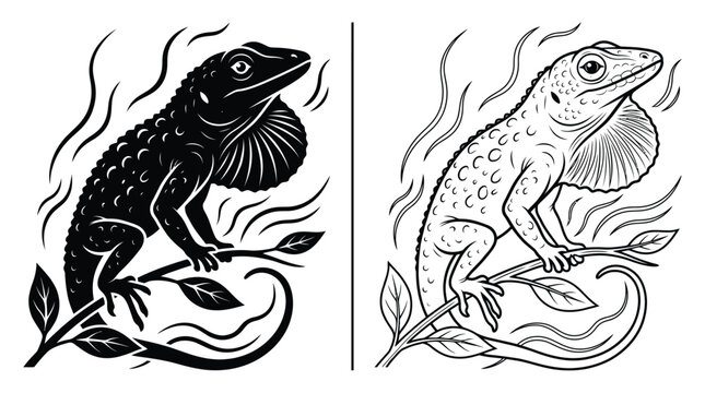 Lizard Black and White Vector Illustration with a Male Anole Basking on a Branch with Its Dewlap Extended
