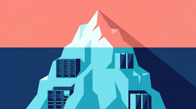 Deep web data center concept with server racks hidden inside iceberg