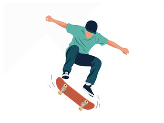 Obraz premium Young Skateboarder Jumping High Performing a Kickflip Trick, Flat Vector Illustration on White Background
