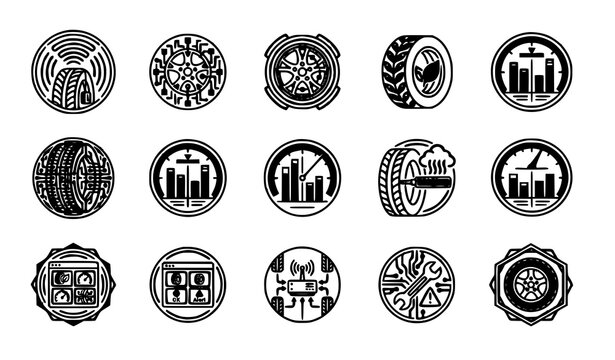 Smart Tire Geometric Badge Vector Icons Abstract TPMS Sensor and Automotive Data Symbols